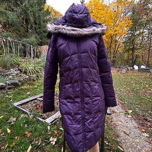 Women's Purple Puffer Coat with Faux Fur Trim